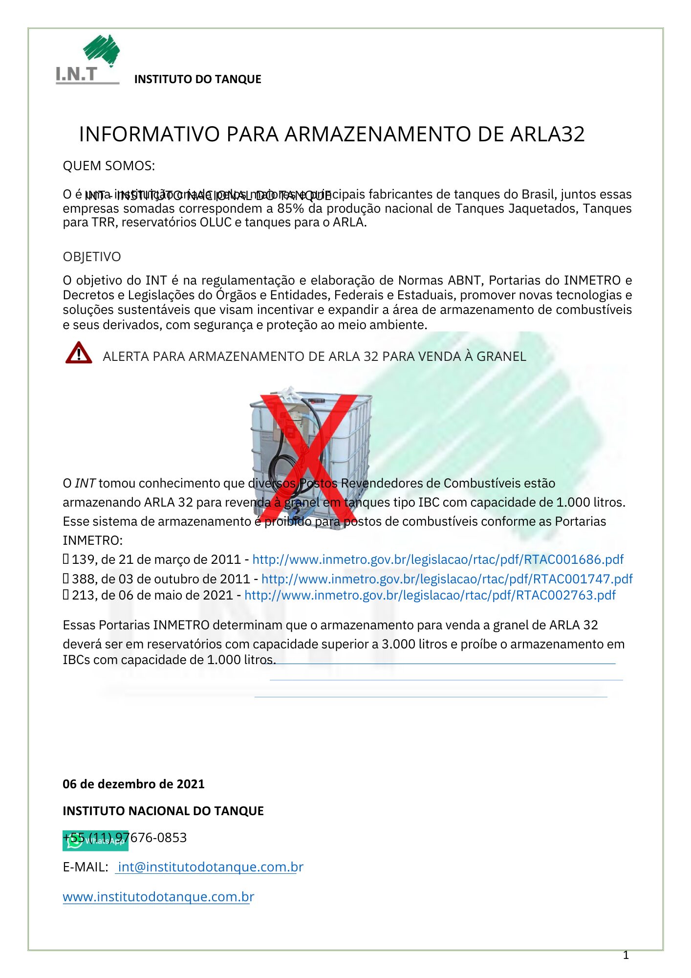 Especificação Técnica De Tanques Para Armazenamento De Arla 32 Especificação Técnica de Tanques para armazenamento de ARLA 32