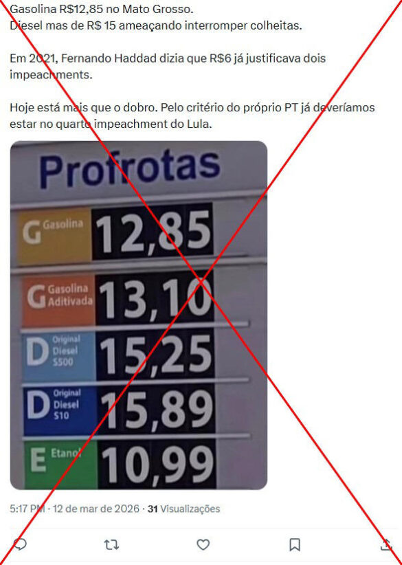 Posto com litro de gasolina comum a R$ 12,85 e diesel a R$ 15,89?