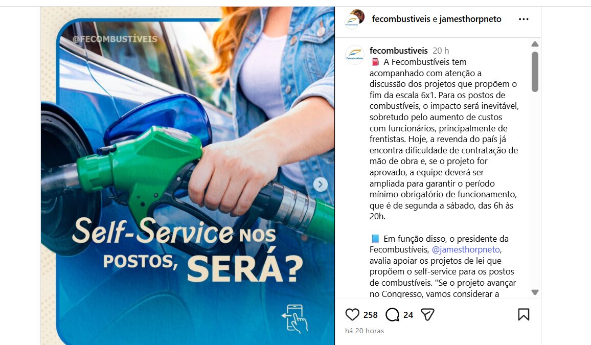 Fecombustíveis avalia apoiar self-service diante de possível fim da escala 6×1
