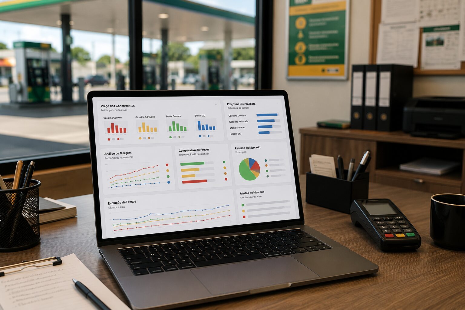 Painel de consulta de preços de combustíveis num notebook