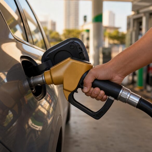 Bico de bomba abastecendo carro em posto — gasolina aditivada e margem