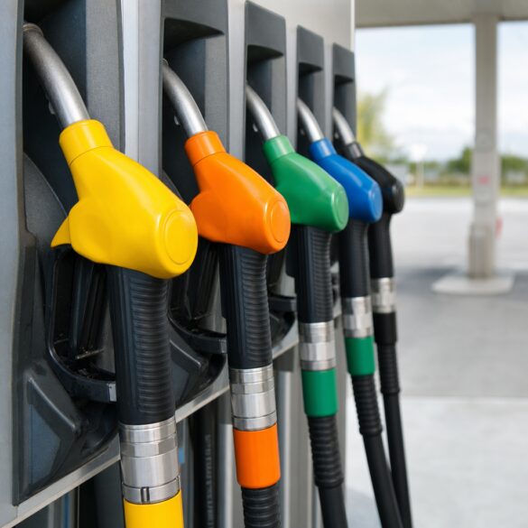 Bicos de bomba de diferentes tipos de gasolina — comum, aditivada e premium