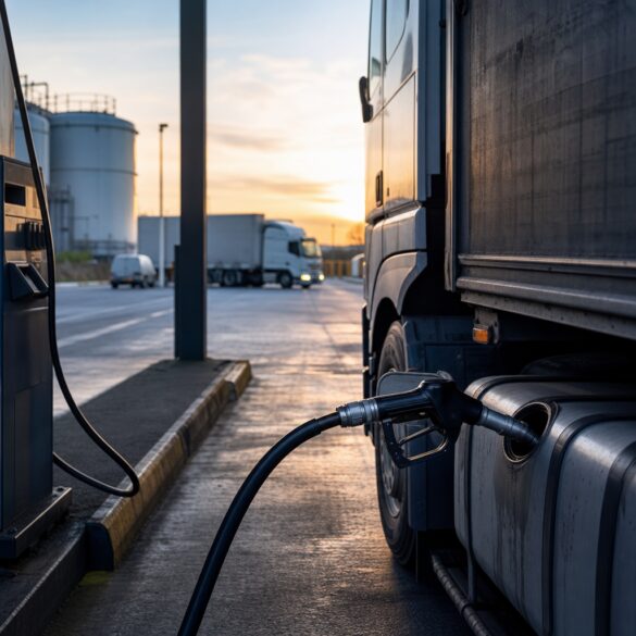 Caminhão abastecendo diesel em posto de rodovia