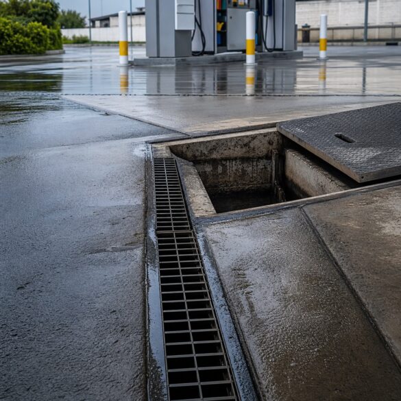 Canaleta de drenagem e caixa separadora de água e óleo no piso de um posto