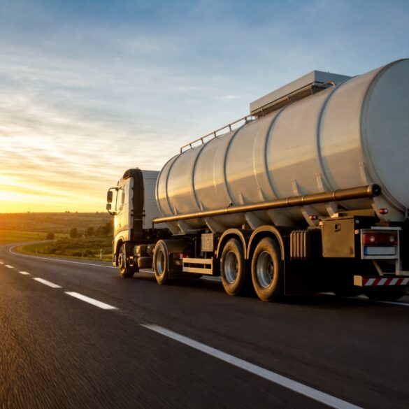 Caminhão-tanque de combustível trafegando em rodovia brasileira ao amanhecer