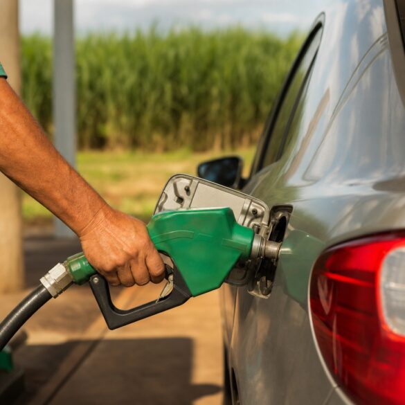 Bico de bomba abastecendo veículo flex com etanol em posto próximo a canavial