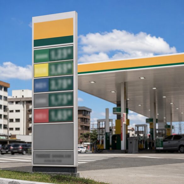 Painel de preços de combustíveis em posto com bombas ao fundo, sem valores legíveis