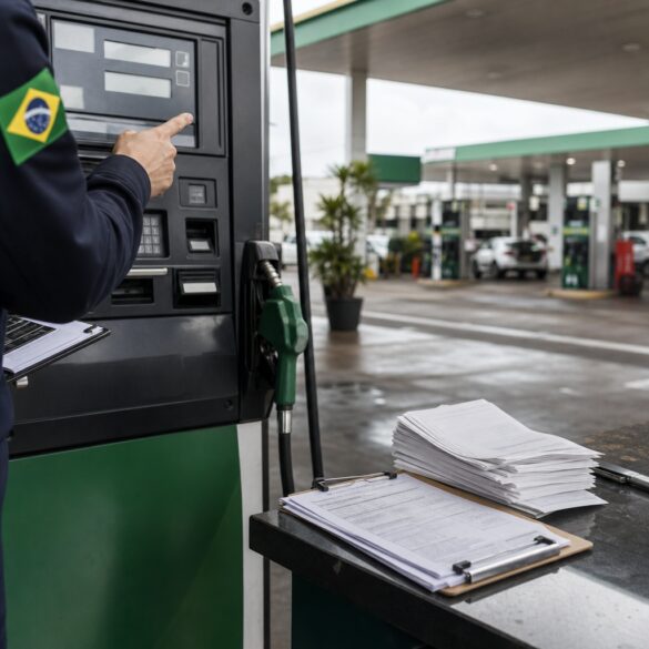Fiscal da ANP verificando documentos e bomba de combustível em posto durante fiscalização