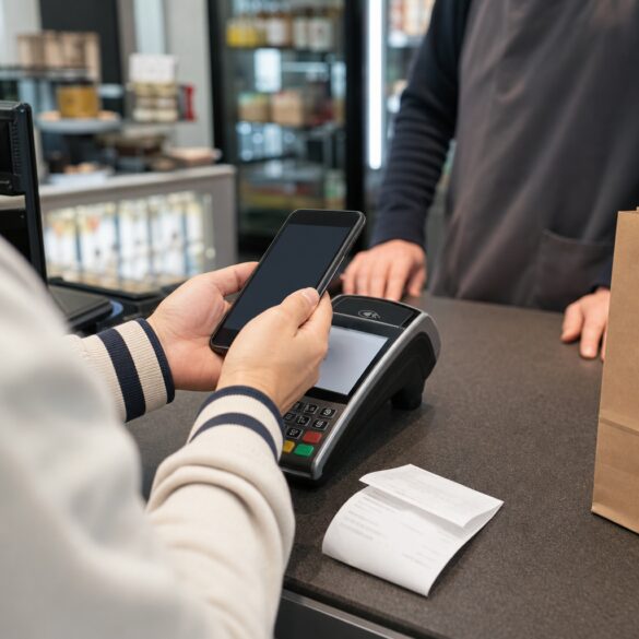 Mãos usando smartphone para pagamento digital em balcão de loja, com maquininha e nota fiscal