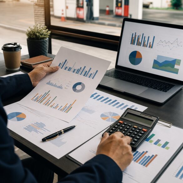 Mãos de gestor analisando relatórios e planilha com calculadora sobre a mesa do escritório do posto
