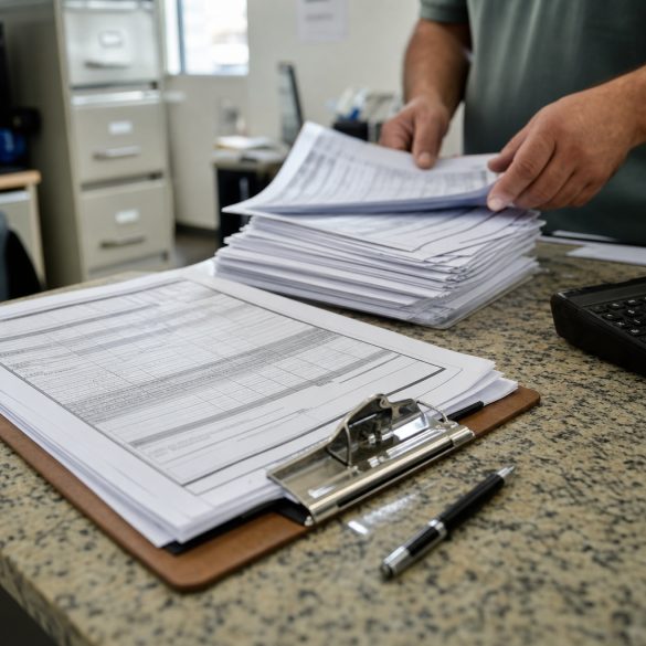 Prancheta com documentos e notas fiscais sobre o balcão do escritório de um posto de combustíveis