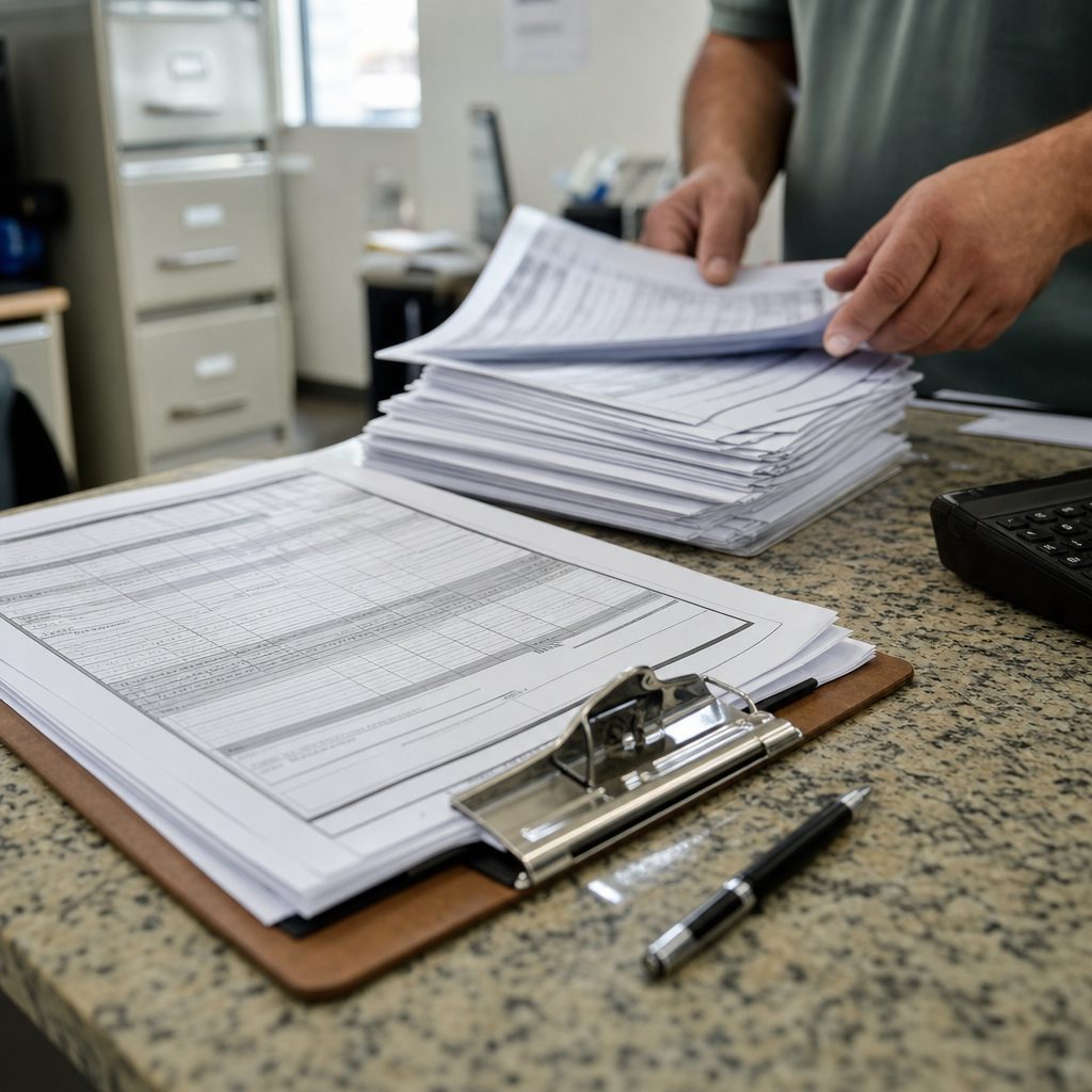 Prancheta com documentos e notas fiscais sobre o balcão do escritório de um posto de combustíveis