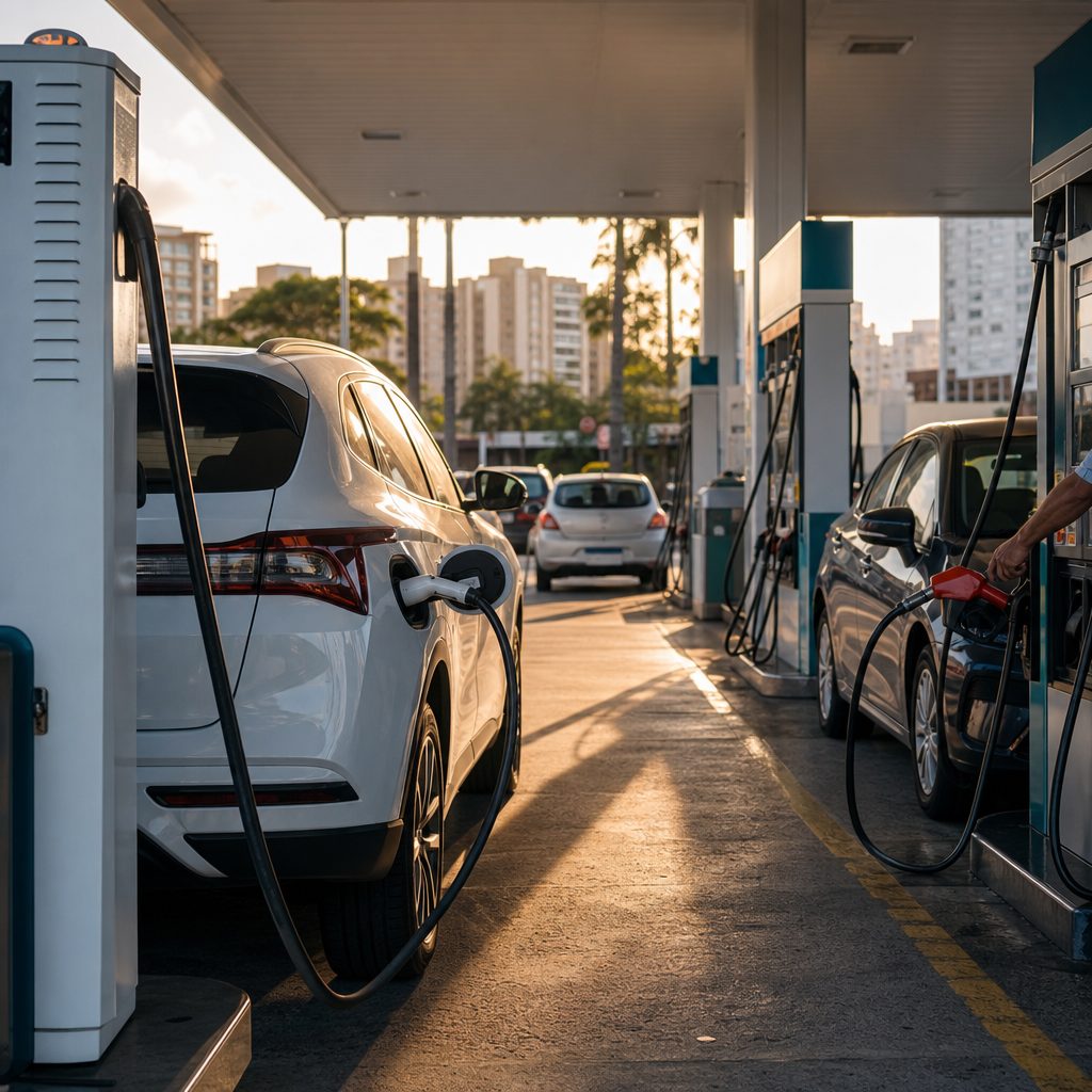 Posto de combustíveis com carro elétrico em recarga e veículos abastecendo nas bombas