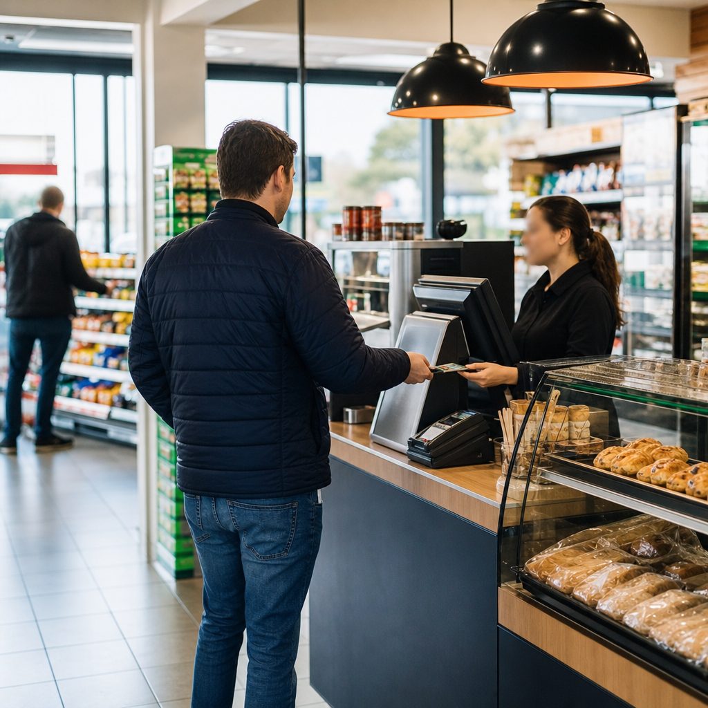 Balcão de loja de conveniência de posto com máquina de café e produtos frescos expostos