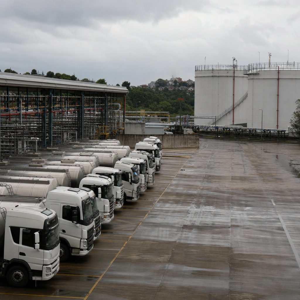 Caminhões-tanque em base de distribuição de combustíveis com tanques de armazenamento ao fundo