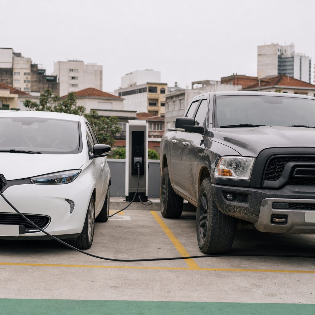 Carro elétrico compacto conectado a um carregador ao lado de uma picape em estacionamento urbano