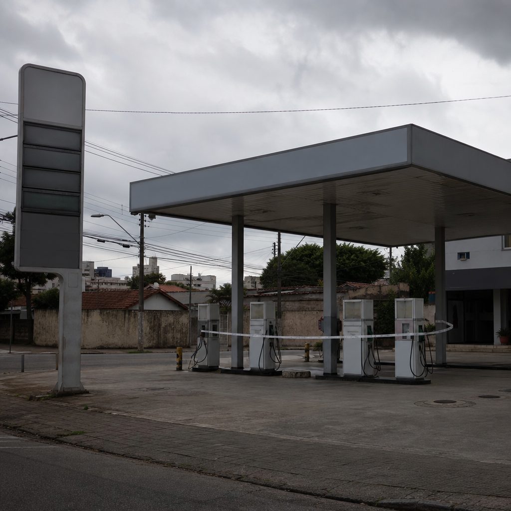 Posto de combustíveis fechado com bombas sem uso e lacre de interdição na pista