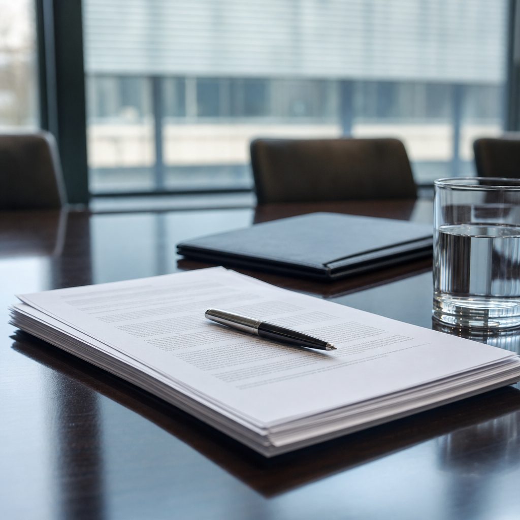 Contrato impresso e caneta sobre a mesa de reunião de uma empresa do setor de combustíveis