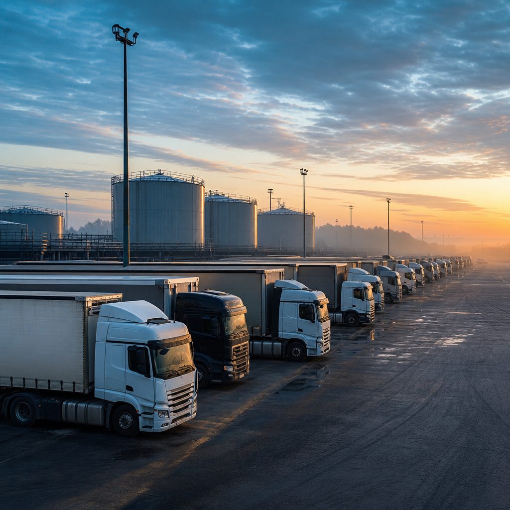 Caminhões de carga em pátio logístico ao amanhecer, com tanques de combustível ao fundo