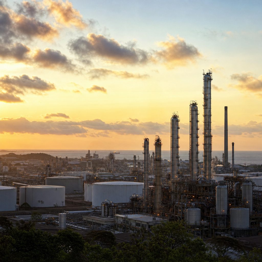 Torres de destilação e tanques de uma refinaria de petróleo ao entardecer