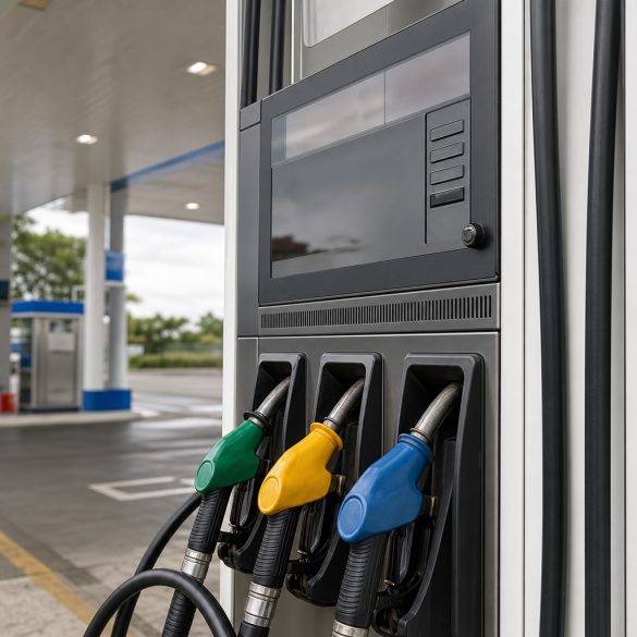 Bomba de combustível moderna em close, com painel eletrônico e mangueiras organizadas