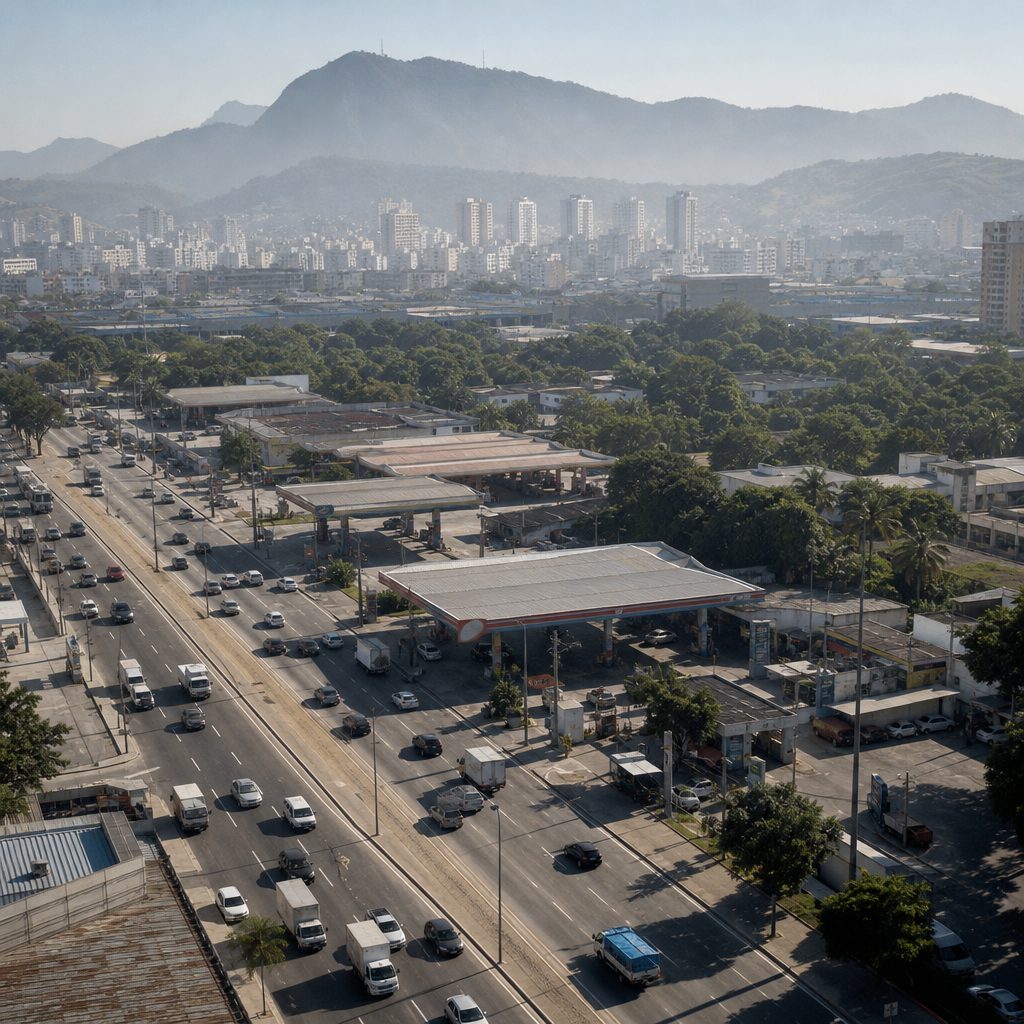 Vista aérea de avenida urbana do Rio de Janeiro com postos de combustíveis ao longo da via