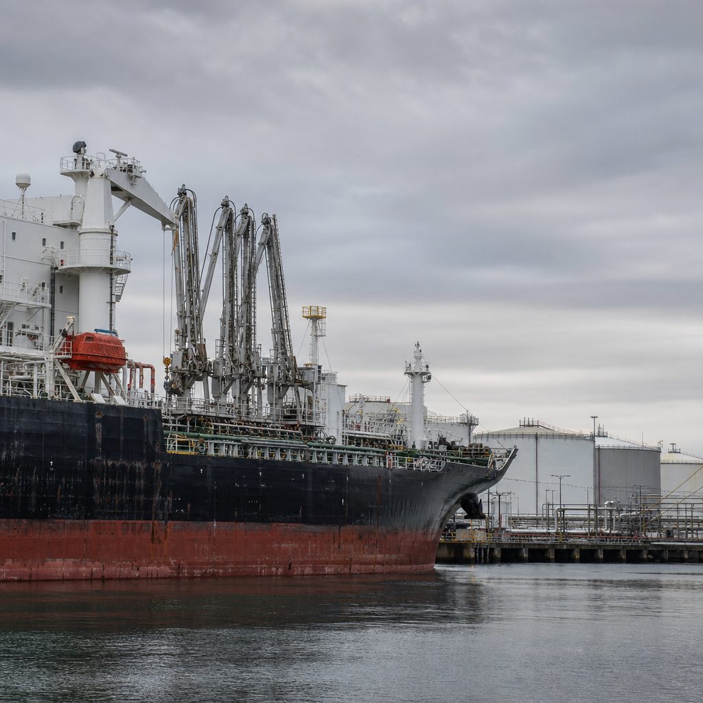 Navio-tanque atracado em terminal portuário de combustíveis com tanques ao fundo