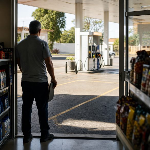 Gerente de posto observando a movimentação da pista a partir da porta da loja, visto de costas