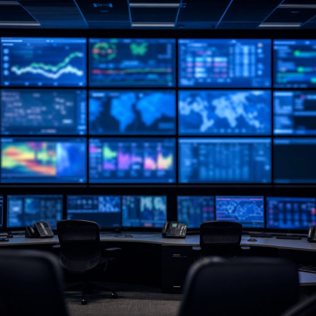 Tela de monitoramento com painéis de dados operacionais em sala de controle