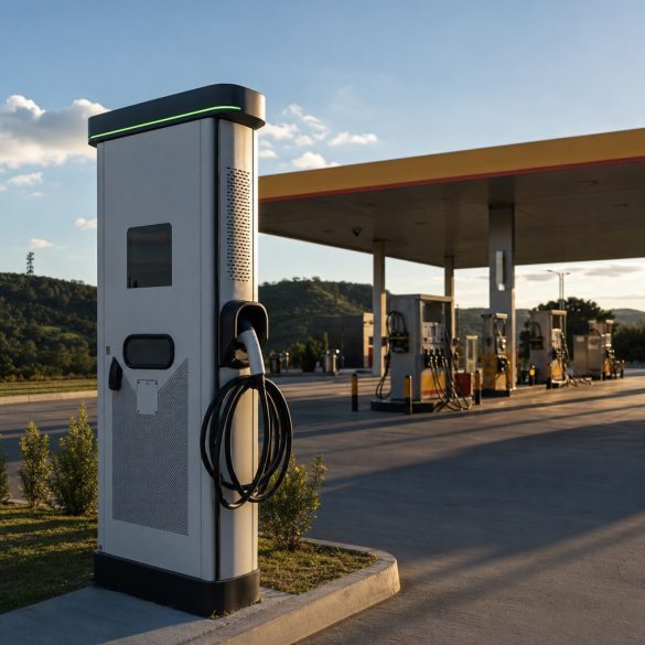 Carregador rápido de veículos elétricos instalado na área de um posto de combustíveis de rodovia