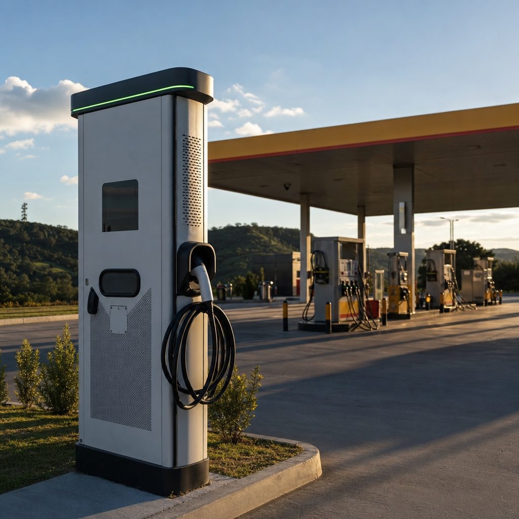 Carregador rápido de veículos elétricos instalado na área de um posto de combustíveis de rodovia