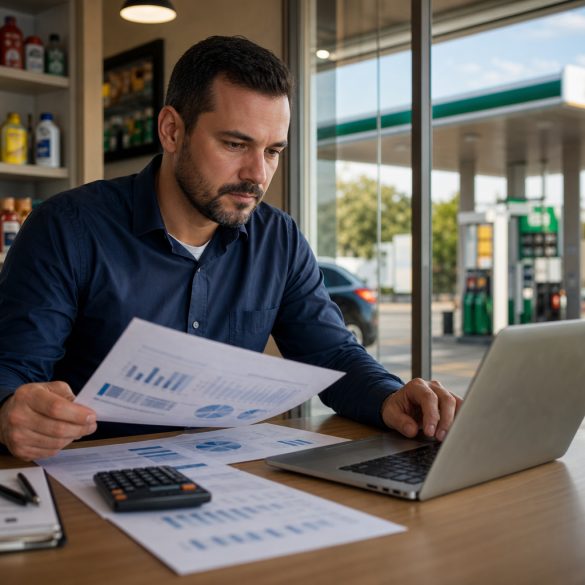 Gerente de posto de combustíveis analisando fluxo de caixa e planilhas financeiras no escritório