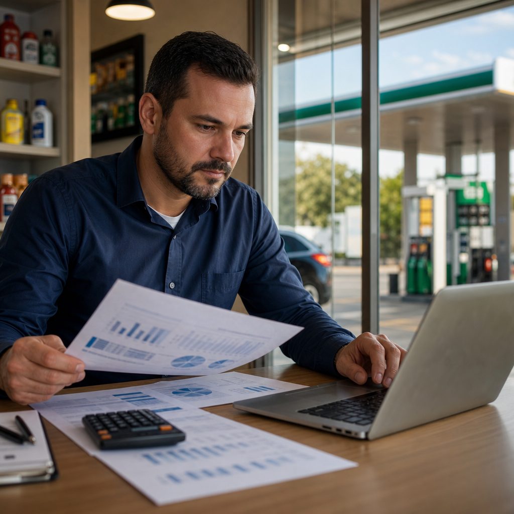 Gerente de posto de combustíveis analisando fluxo de caixa e planilhas financeiras no escritório