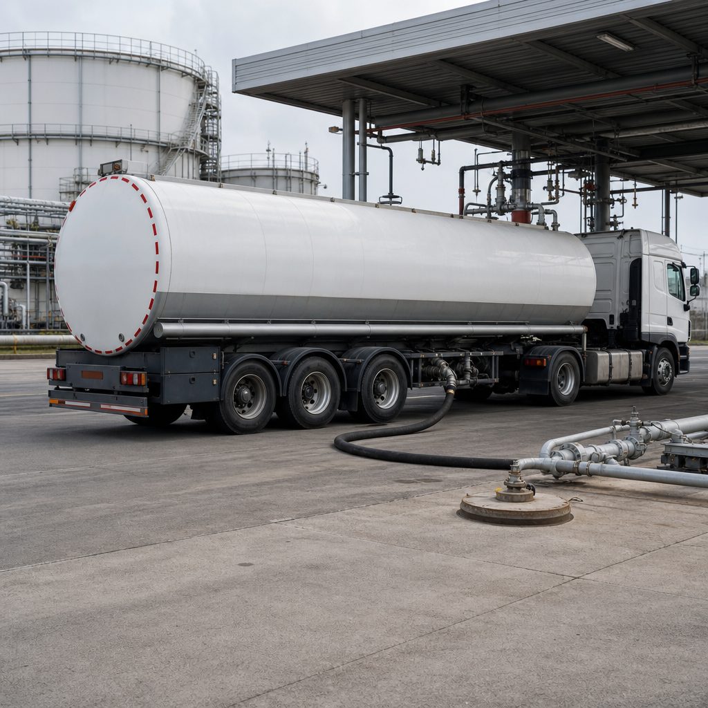 Caminhão-tanque em operação de descarga de combustível em base de distribuição