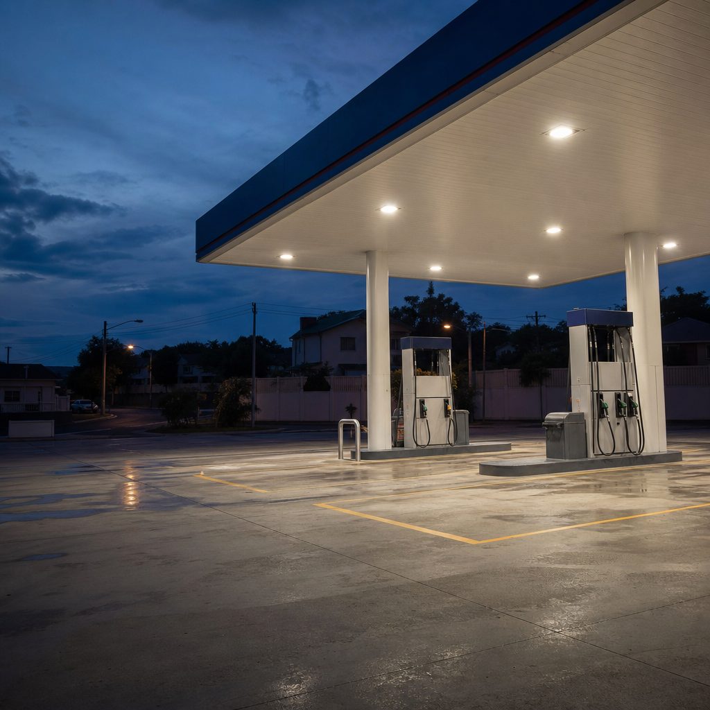 Pista de abastecimento vazia de posto de combustíveis ao anoitecer