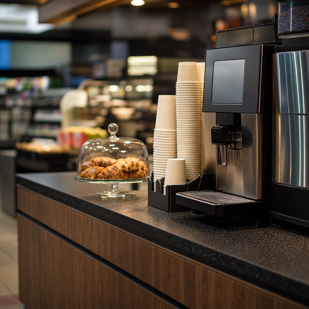 Balcão de café de loja de conveniência de posto de combustíveis