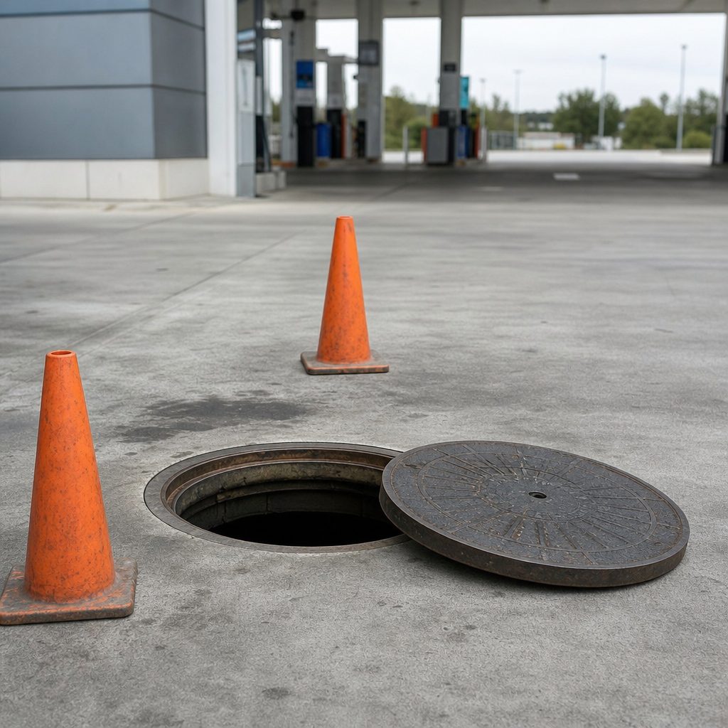 Tampa de poço de inspeção aberta na pista de um posto, isolada por cones