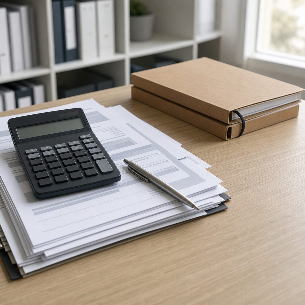 Calculadora, notas fiscais e pastas de documentos sobre mesa de escritório