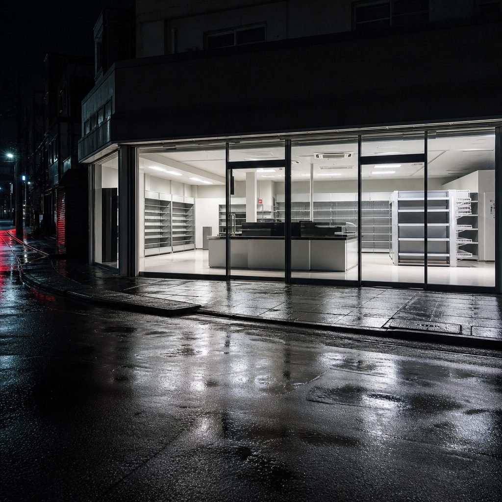 Interior de loja de conveniência vazia durante a madrugada, vista da rua