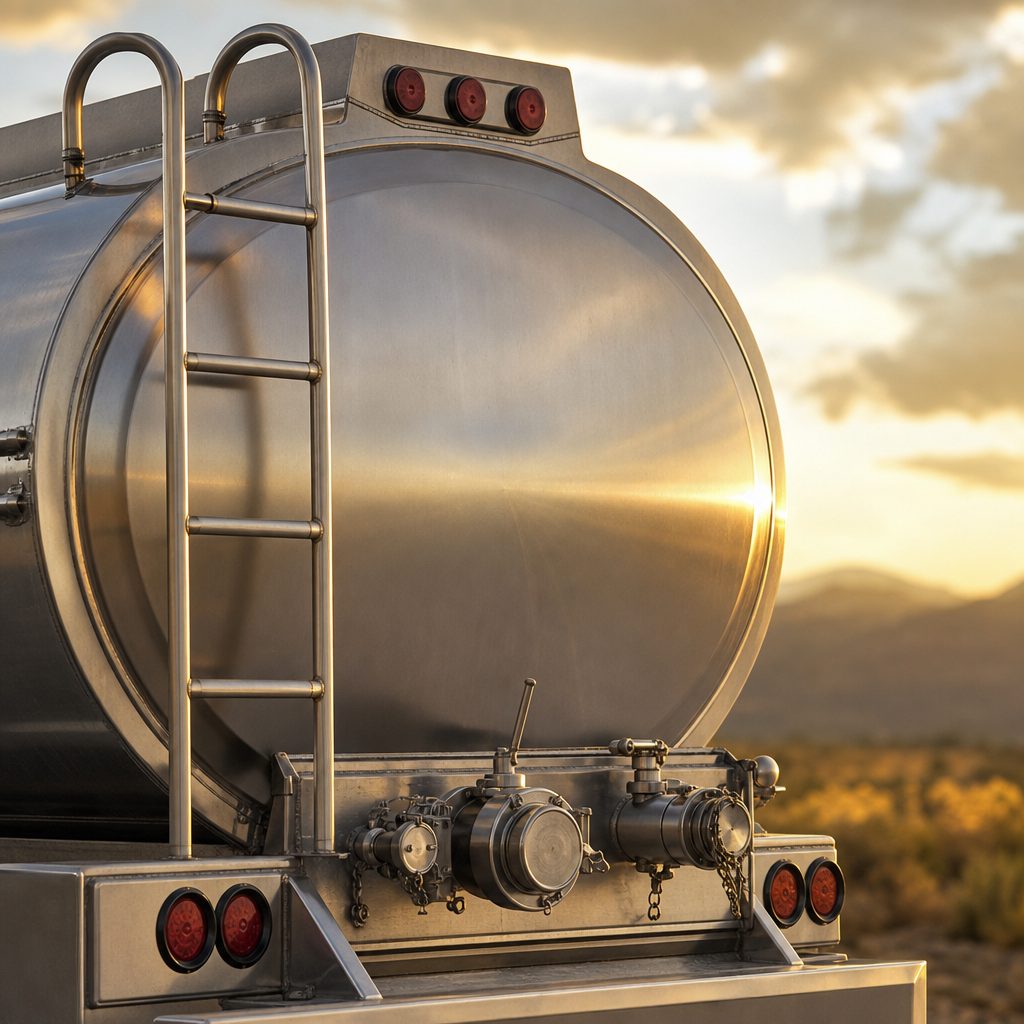 Traseira de caminhão-tanque de combustível em close, ao entardecer