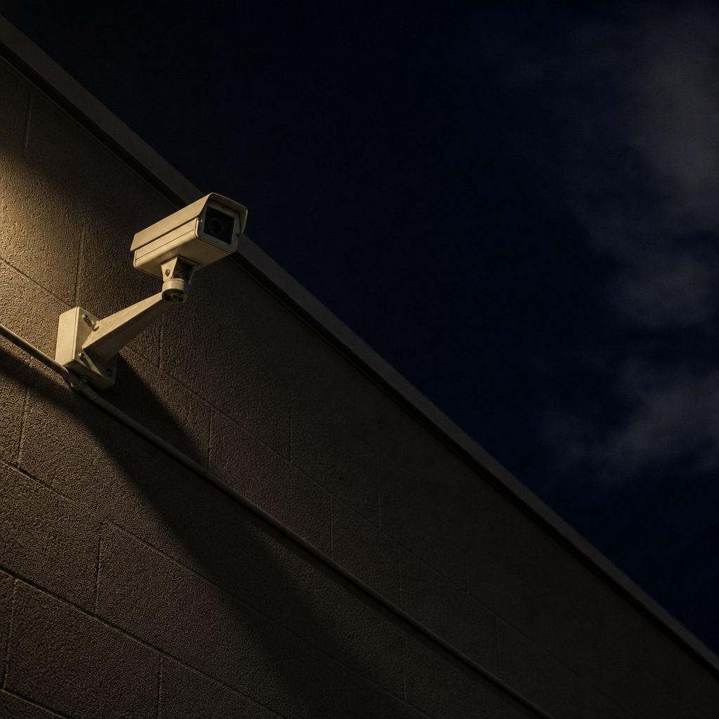Câmera de segurança instalada na parede externa de um estabelecimento à noite