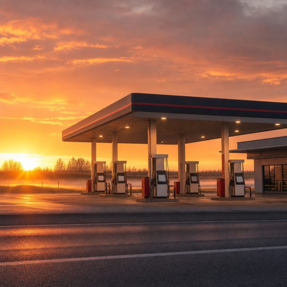 Pista de posto de combustíveis ao amanhecer, com a cobertura iluminada