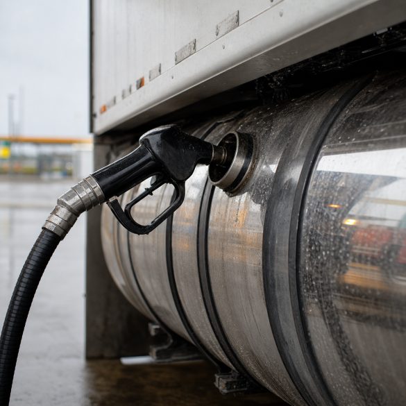 Bico de abastecimento de diesel inserido no tanque de um caminhão, em close