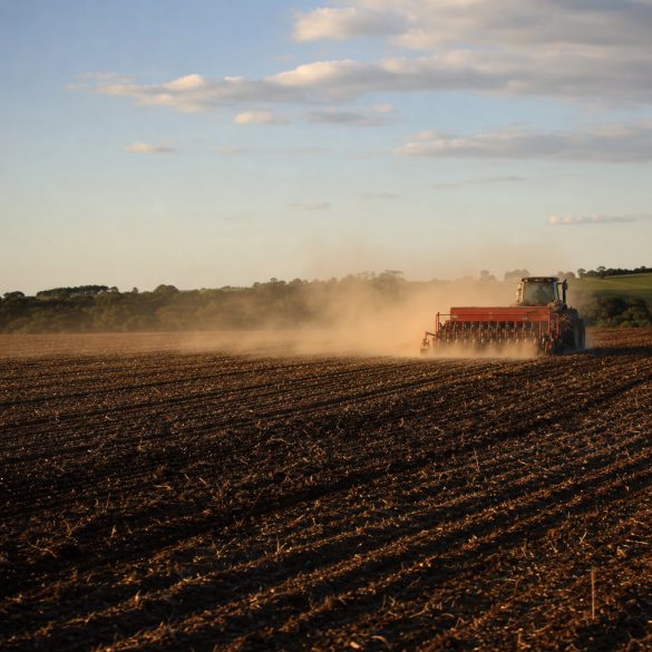 Trator com plantadeira em lavoura no início do plantio, ao entardecer