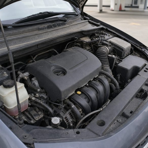 Compartimento do motor de um carro aberto, em close, com cabeçote e componentes