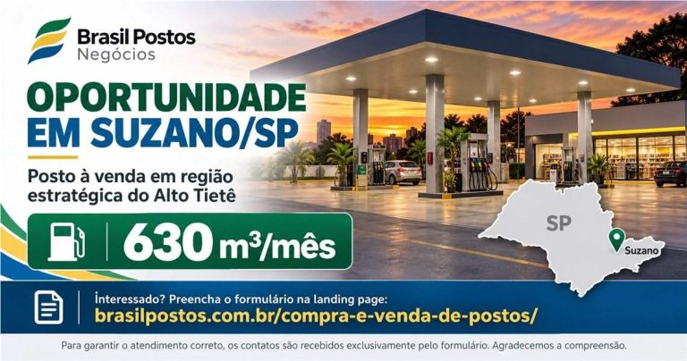 Oportunidade de investimento: posto à venda em Suzano com volume de 630 m³ por mês