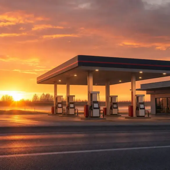 Pista de posto de combustíveis ao amanhecer, com a cobertura iluminada