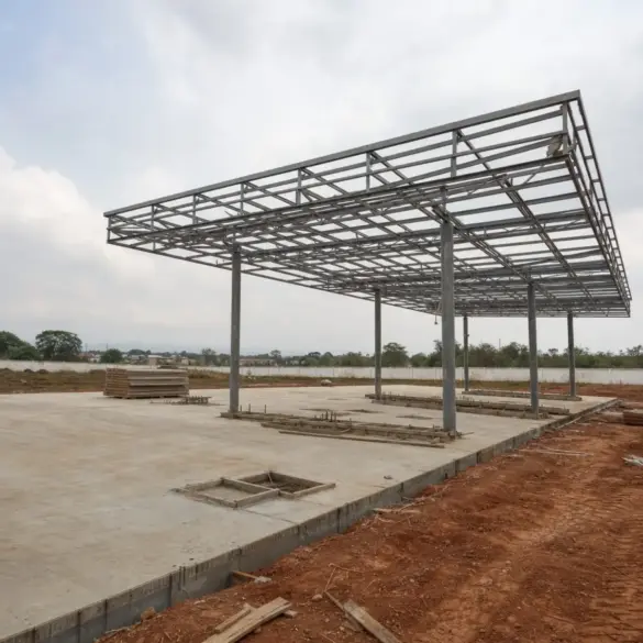 Terreno de posto de combustível em obra, com estrutura da cobertura sendo montada