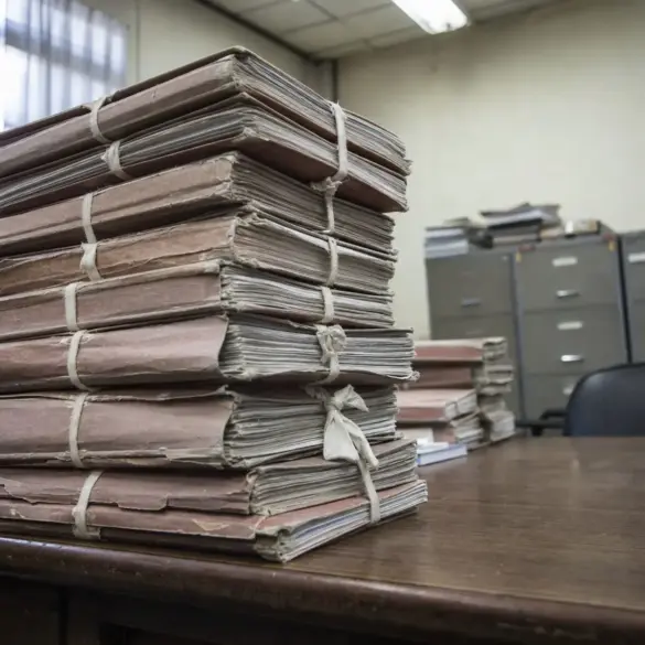 Pilha de processos administrativos encadernados sobre mesa de repartição pública