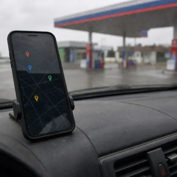 Celular em uso mostrando um mapa genérico, com um posto de combustível desfocado ao fundo